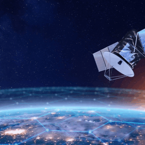 High-tech satellite orbiting Earth with digital network overlay and sunrise in the background, highlighting the role of advanced thermal components in aerospace and defence satellite systems.